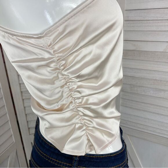 NA-KD Reborn Satin Shirred Side One Shoulder Crop Top Ivory XS 34 - Picture 7 of 16